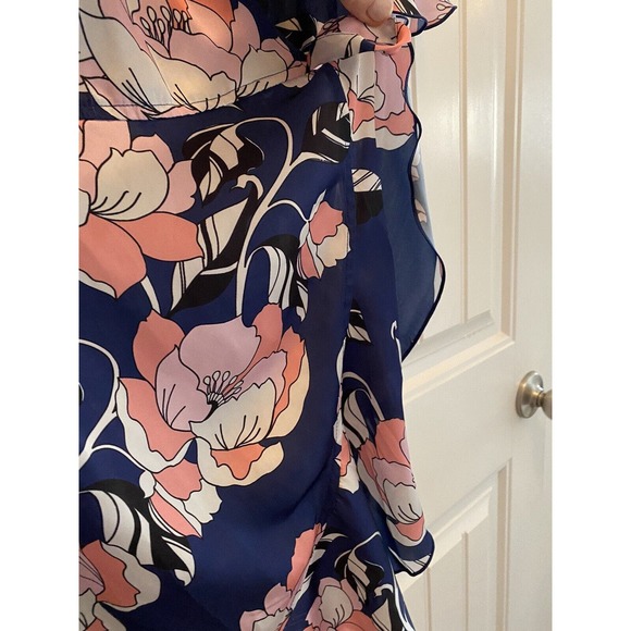 New ALEXIA ADMOR Floral Satin Wrap Dress Blue Pink Size Small Short Bell Sleeve - Picture 5 of 10